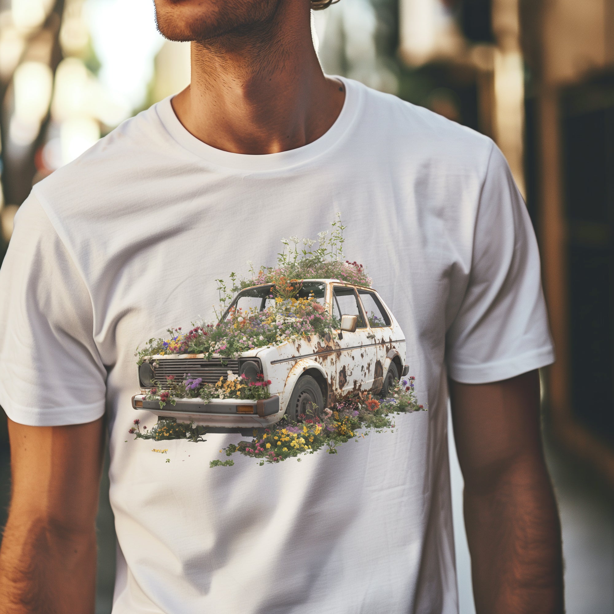 Man wearing Volks Retro Life Automotive Graphic T-Shirt – White unisex tee featuring a vintage rusted car overgrown with flowers. A unique gift for car enthusiasts and retro automotive lovers.