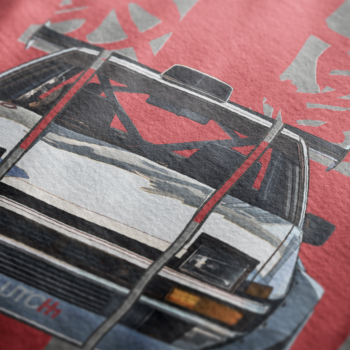 Close up of AE86 Automotive Graphic Crewneck design – Dark grey unisex crewneck sweater featuring a front graphic of a white AE86 car with red Japanese text background design. Perfect for JDM enthusiasts and car lovers.