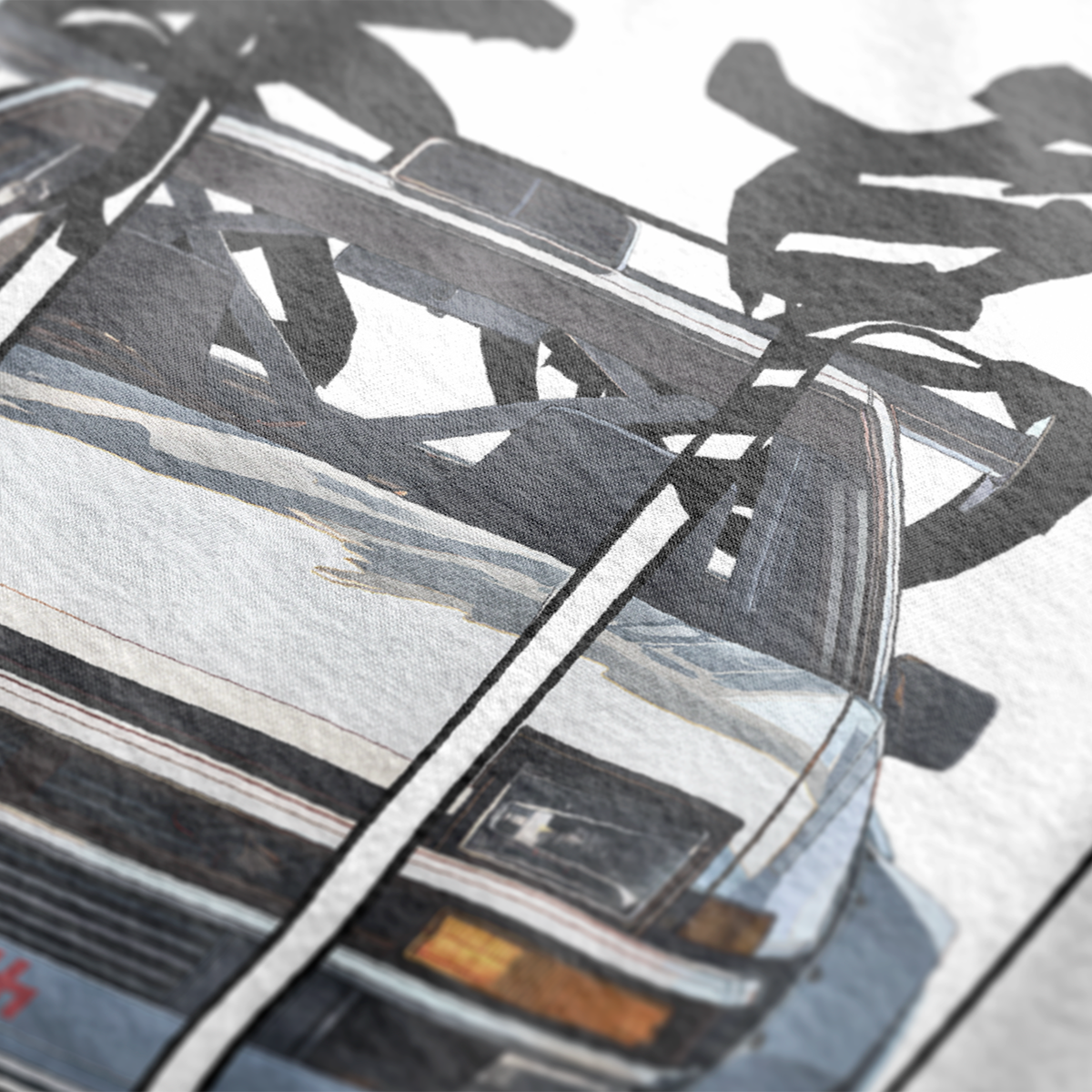Close up of AE86 Automotive Graphic Crewneck Design – unisex crewneck sweater featuring a front graphic of a white AE86 car with red Japanese text background design. Perfect for JDM enthusiasts and car lovers.