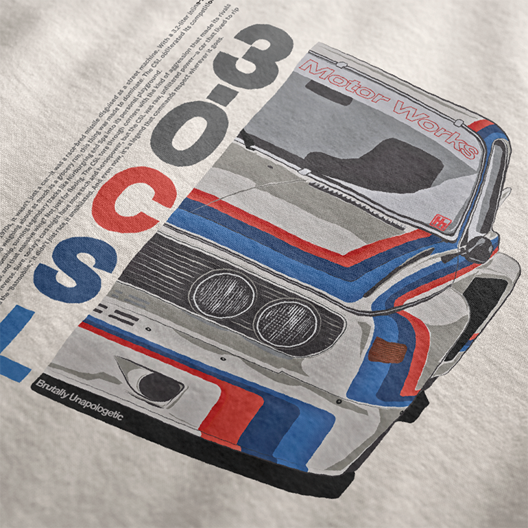 Brutally Unapologetic 30CSL Automotive Graphic T-Shirt – White tee featuring a detailed front design of the iconic BMW 30CSL with red, blue, and white racing stripes. Perfect gift for BMW fans and car enthusiasts.