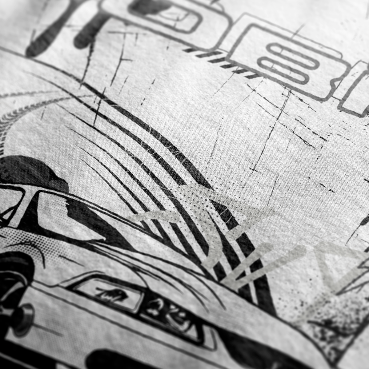Close up design of Cobro x Clutch Automotive Graphic T-Shirt – Black tee featuring a detailed white Mustang Cobra design with graffiti-style background and "Cobro" text. Perfect gift for Mustang fans and car enthusiasts.