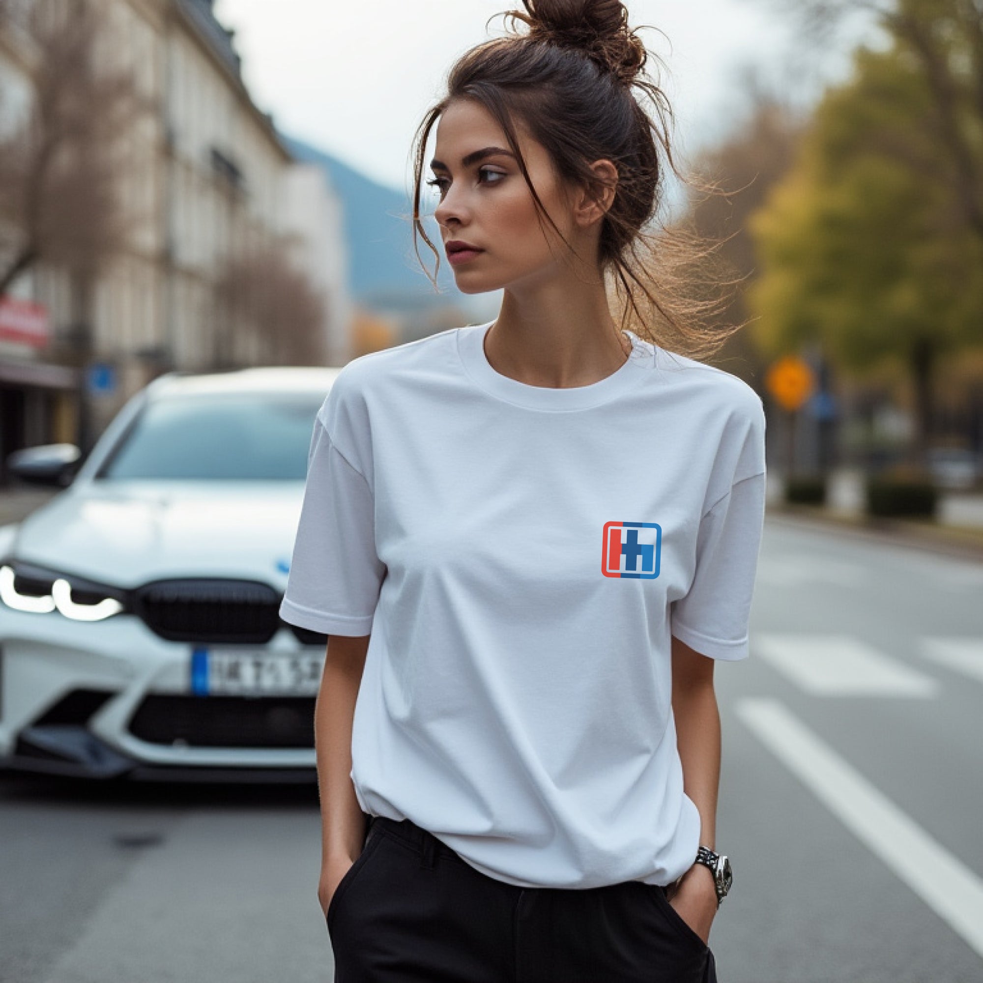 Brutally Unapologetic 30CSL Automotive Graphic T-Shirt – White tee featuring a detailed front design of the iconic BMW 30CSL with red, blue, and white racing stripes. Perfect gift for BMW fans and car enthusiasts.