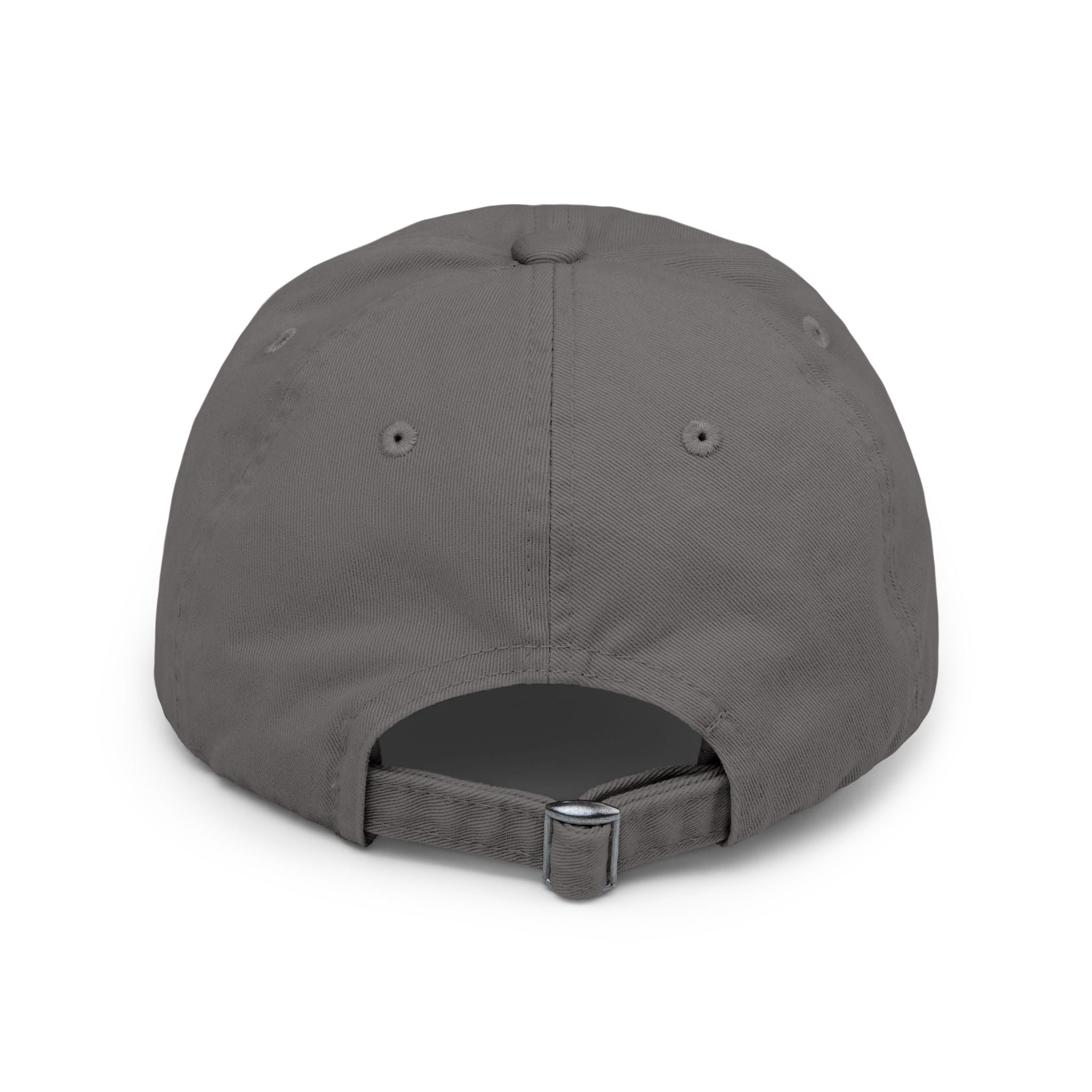Baxk angle of Clutch 5 Panel Distressed Cap – Grey unisex distressed cap featuring the "CLUTCH" logo in cream and red embroidery. Made from durable cotton with a vintage, worn-in look. Adjustable fit for comfort and style — ideal for automotive and streetwear enthusiasts.