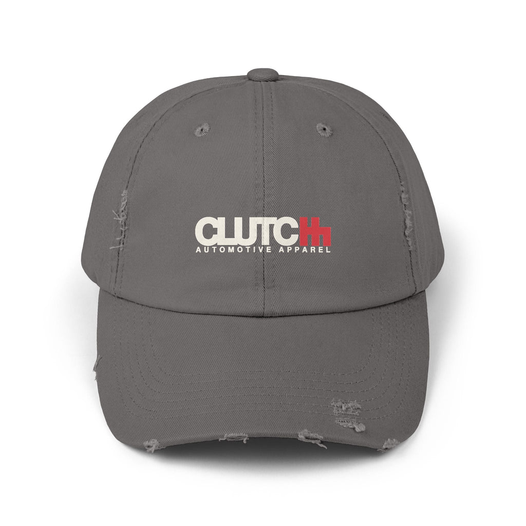 Clutch 5 Panel Distressed Cap – Grey unisex distressed cap featuring the "CLUTCH" logo in cream and red embroidery. Made from durable cotton with a vintage, worn-in look. Adjustable fit for comfort and style — ideal for automotive and streetwear enthusiasts.