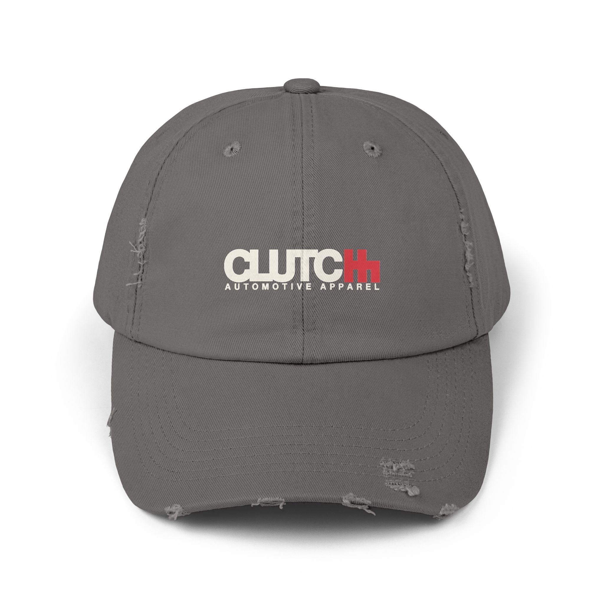 Clutch 5 Panel Distressed Cap – Grey unisex distressed cap featuring the "CLUTCH" logo in cream and red embroidery. Made from durable cotton with a vintage, worn-in look. Adjustable fit for comfort and style — ideal for automotive and streetwear enthusiasts.