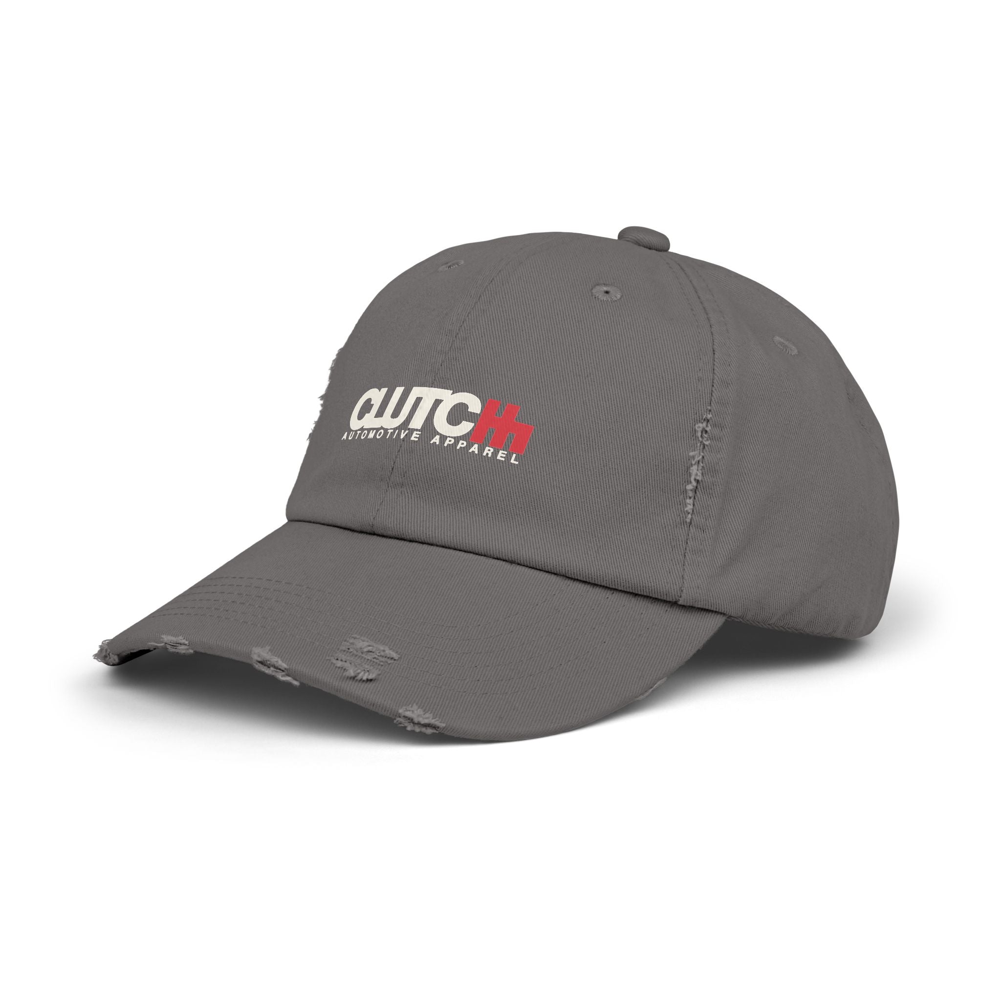 Side Angle of Clutch 5 Panel Distressed Cap – Grey unisex distressed cap featuring the "CLUTCH" logo in cream and red embroidery. Made from durable cotton with a vintage, worn-in look. Adjustable fit for comfort and style — ideal for automotive and streetwear enthusiasts.