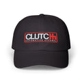 Clutch Automotive Apparel Embroidered Dad Cap – Black unisex dad cap featuring the "CLUTCH" logo with red and black embroidery. Made from high-quality fabric, offering a comfortable and adjustable fit. Perfect for car lovers and automotive enthusiasts.