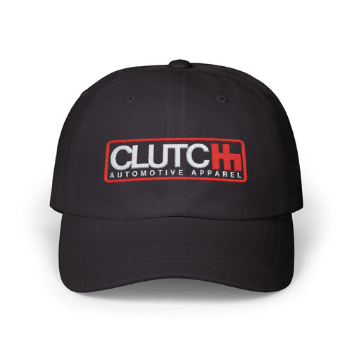 Clutch Automotive Apparel Embroidered Dad Cap – Black unisex dad cap featuring the "CLUTCH" logo with red and black embroidery. Made from high-quality fabric, offering a comfortable and adjustable fit. Perfect for car lovers and automotive enthusiasts.