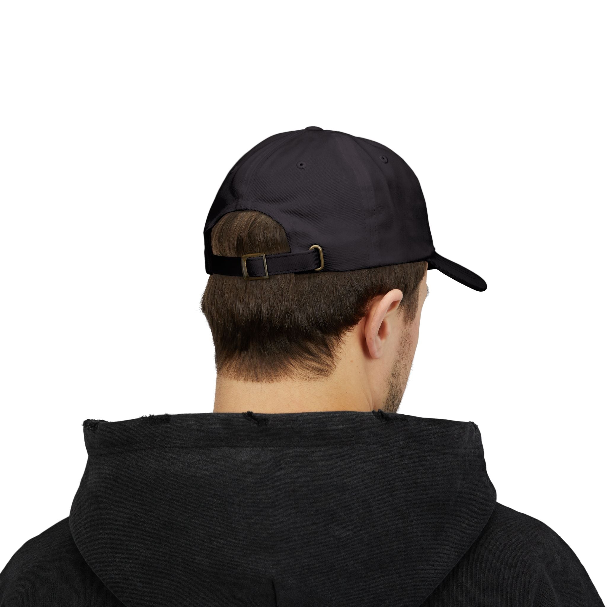 Back of man wearing Clutch Automotive Apparel Embroidered Dad Cap – Black unisex dad cap featuring the "CLUTCH" logo with red and black embroidery. Made from high-quality fabric, offering a comfortable and adjustable fit. Perfect for car lovers and automotive enthusiasts.