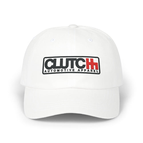 Clutch Automotive Apparel Embroidered Dad Cap – White unisex dad cap featuring the "CLUTCH" logo with red and black embroidery. Made from high-quality fabric, offering a comfortable and adjustable fit. Perfect for car lovers and automotive enthusiasts.
