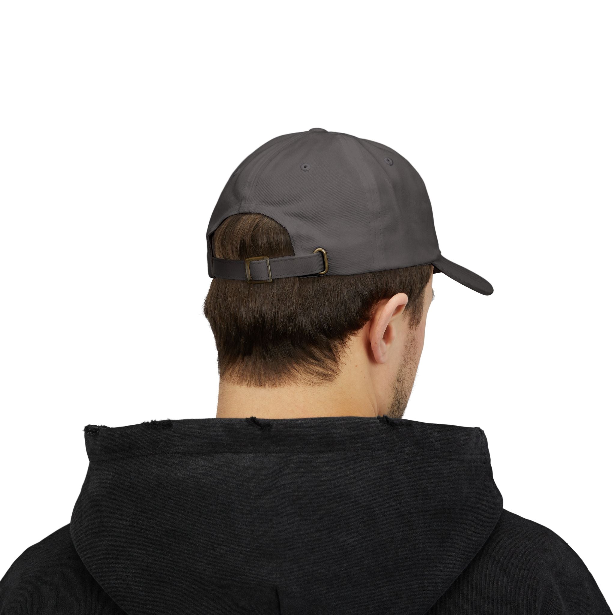 Back of man wearing Clutch Automotive Apparel Embroidered Dad Cap – Grey unisex dad cap featuring the "CLUTCH" logo with red and black embroidery. Made from high-quality fabric, offering a comfortable and adjustable fit. Perfect for car lovers and automotive enthusiasts.