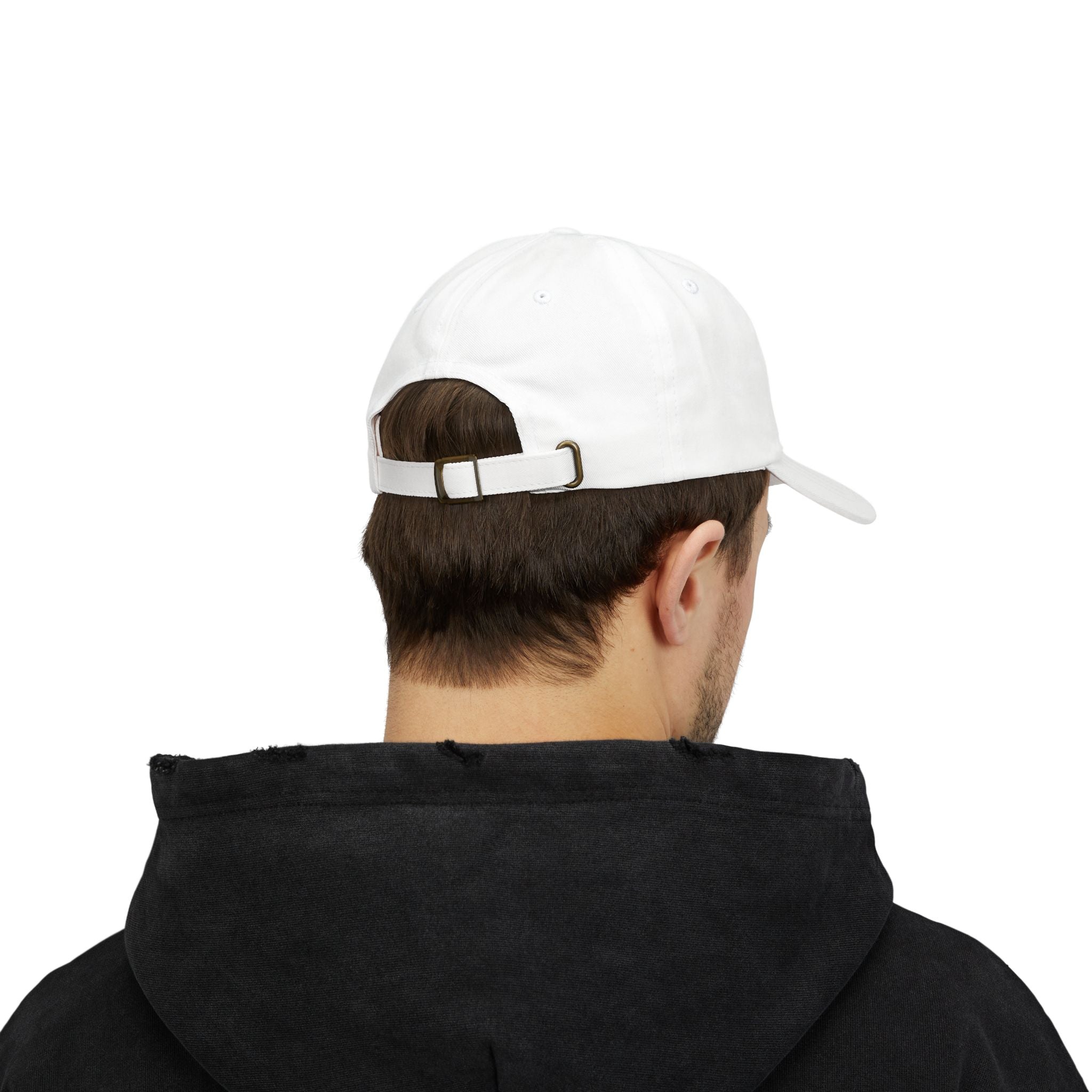 Back of man wearing Clutch Automotive Apparel Embroidered Dad Cap – White unisex dad cap featuring the "CLUTCH" logo with red and black embroidery. Made from high-quality fabric, offering a comfortable and adjustable fit. Perfect for car lovers and automotive enthusiasts.