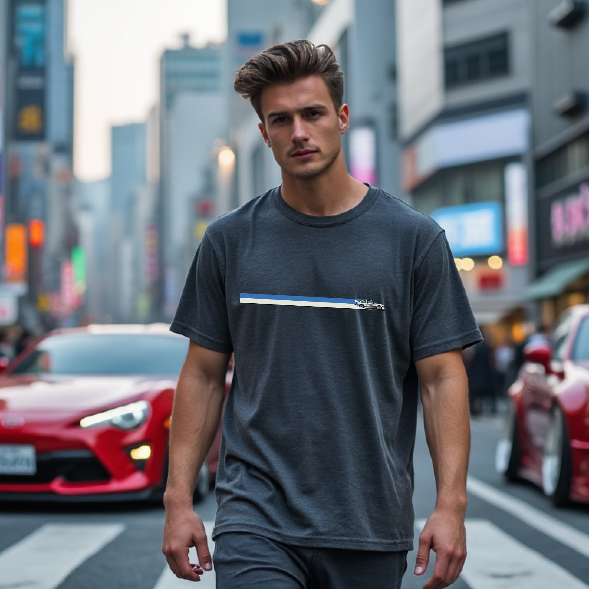Man wearing CW Rally 83 Automotive Graphic T-Shirt – Charcoal unisex tee with a minimalist rally car graphic and blue and grey racing stripes. Perfect gift for rally enthusiasts and motorsport lovers.