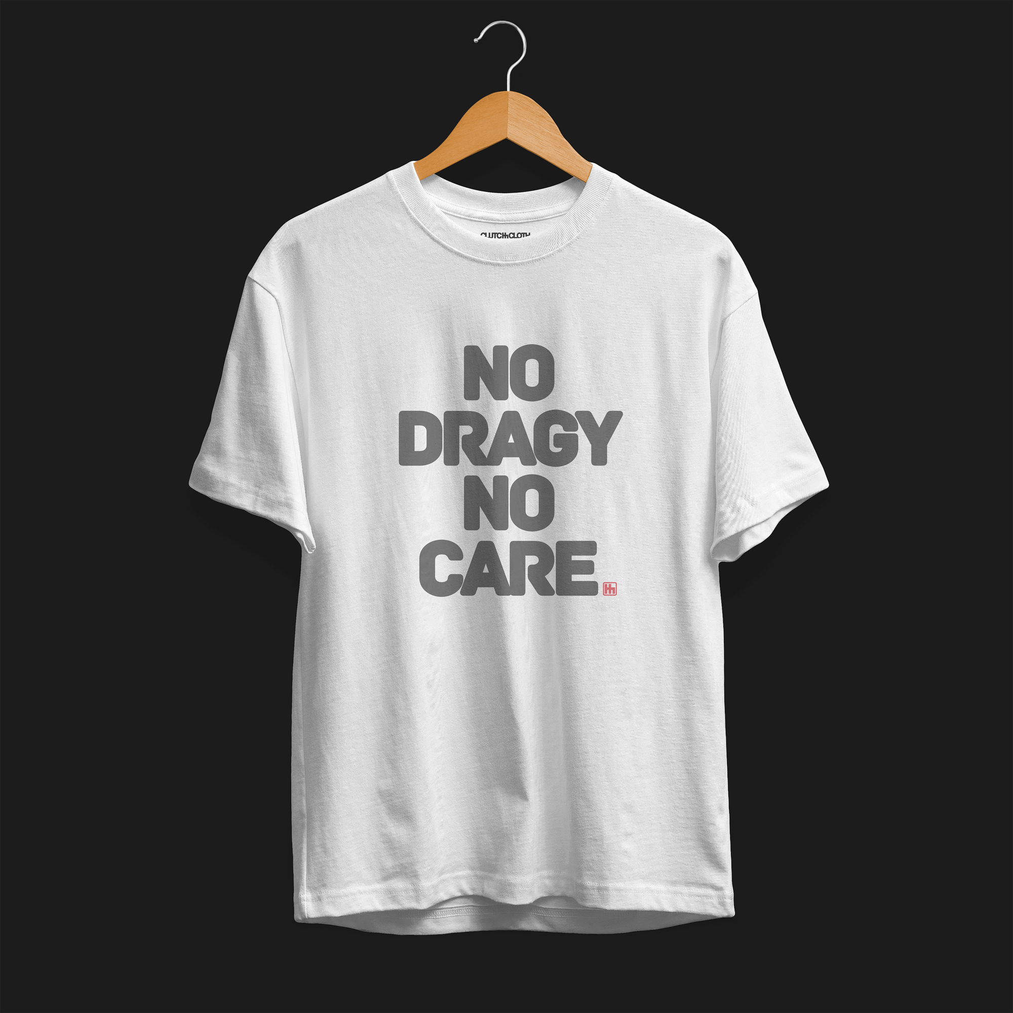Back angle for No Dragy No Care Automotive Graphic T-Shirt – White tee with bold "No Dragy No Care" text design in black. Ideal gift for car culture fans and automotive enthusiasts.