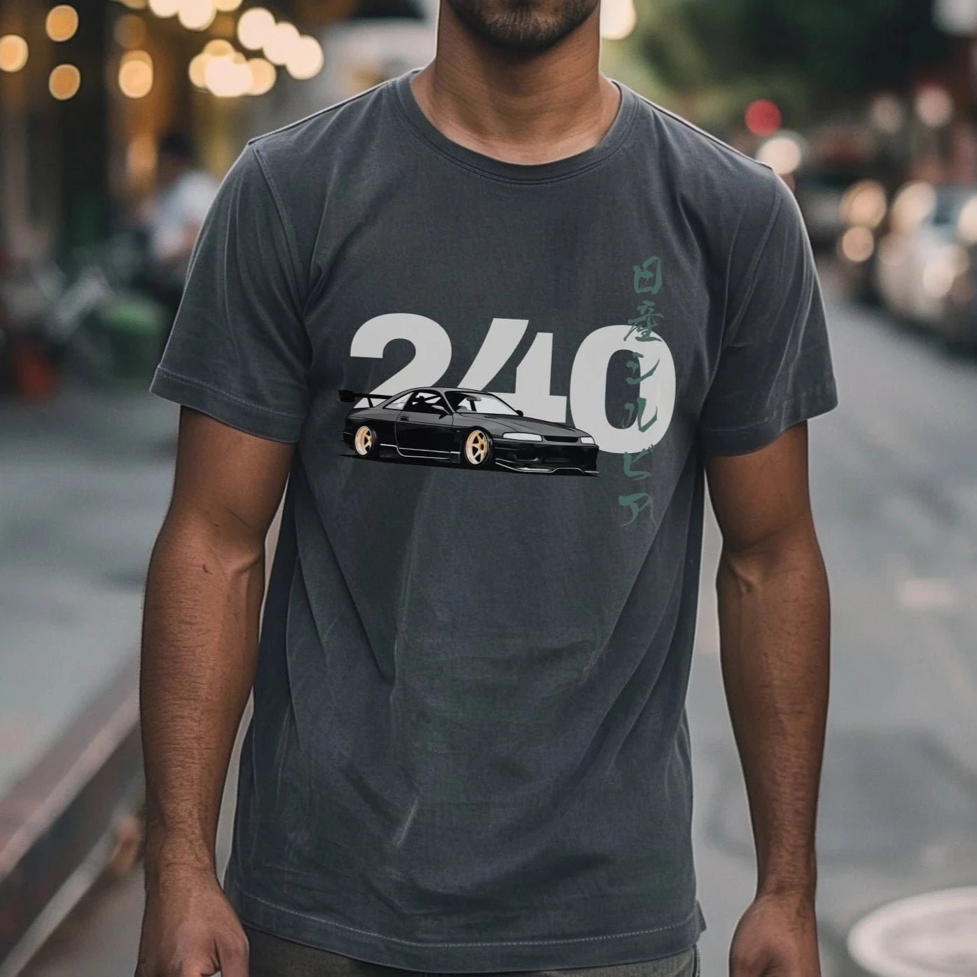 Man Wearing Charcoal 240 Drift Culture Automotive Graphic T-Shirt featuring a 240 car drifting design, unisex car culture gift