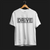 Front angle Drive Automotive Graphic T-Shirt – White tee featuring bold "DRIVE" text with gear-inspired detailing. Perfect gift for car enthusiasts and racing fans.