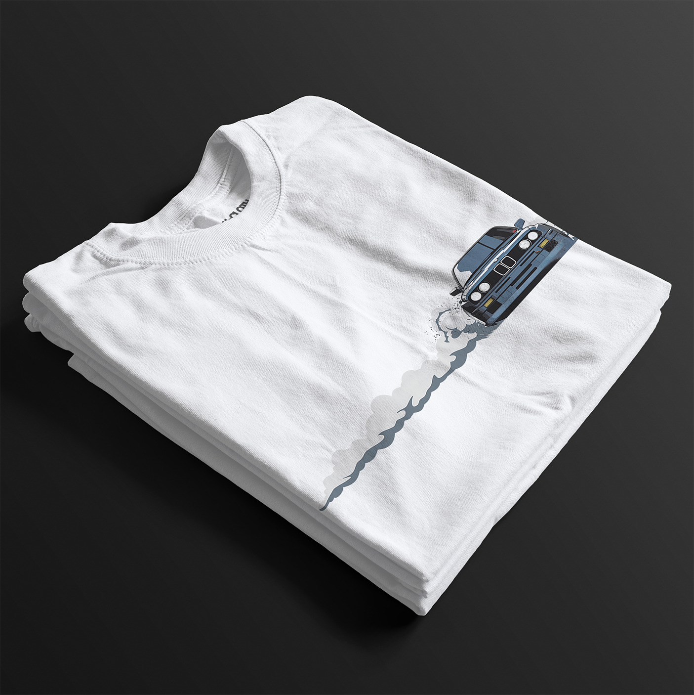 Folded DTM M3 Drift Automotive Graphic T-Shirt – White unisex tee featuring a drifting BMW M3 graphic with smoke trail. A perfect gift for car enthusiasts and drift lovers.