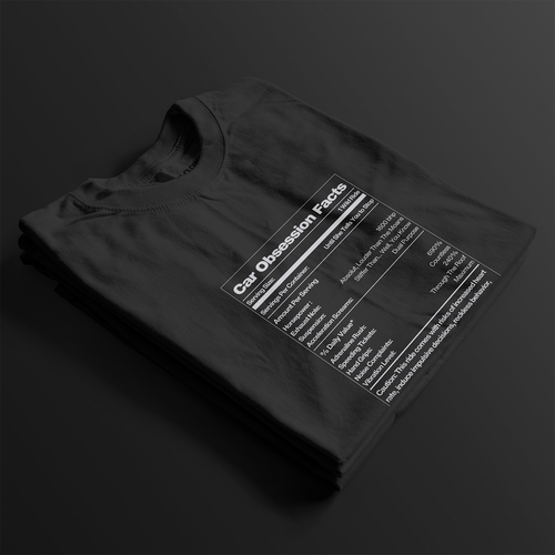 Folded Car Obsession Facts Automotive Graphic T-Shirt – Black unisex tee featuring a humorous 'Car Obsession Facts' label with details on horsepower, speed, and side effects. Ideal gift for car lovers and automotive enthusiasts.
