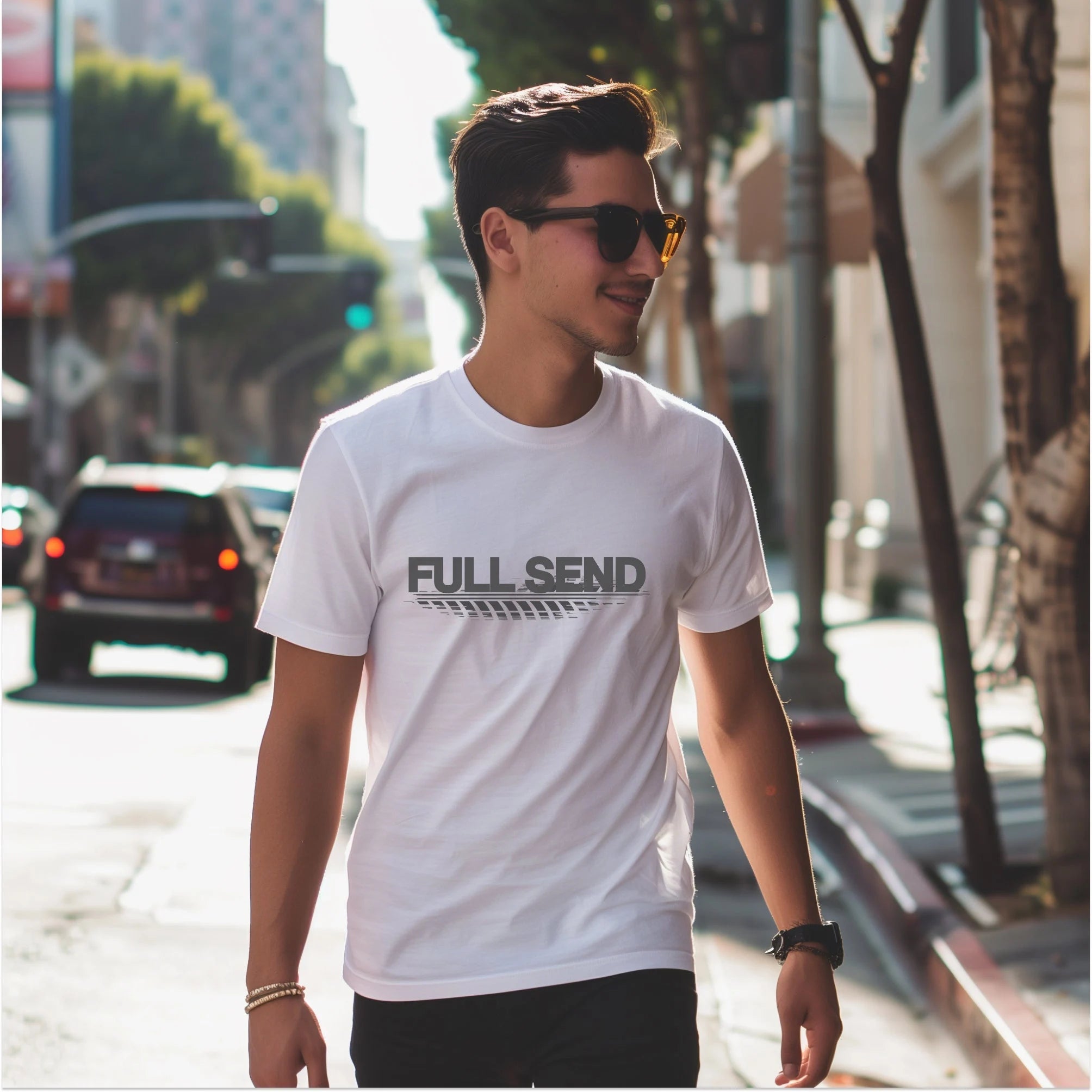 Man wearing Full Send Automotive Graphic T-Shirt – White tee featuring "FULL SEND" text with tire track detailing. Ideal gift for car lovers and motorsport fans.