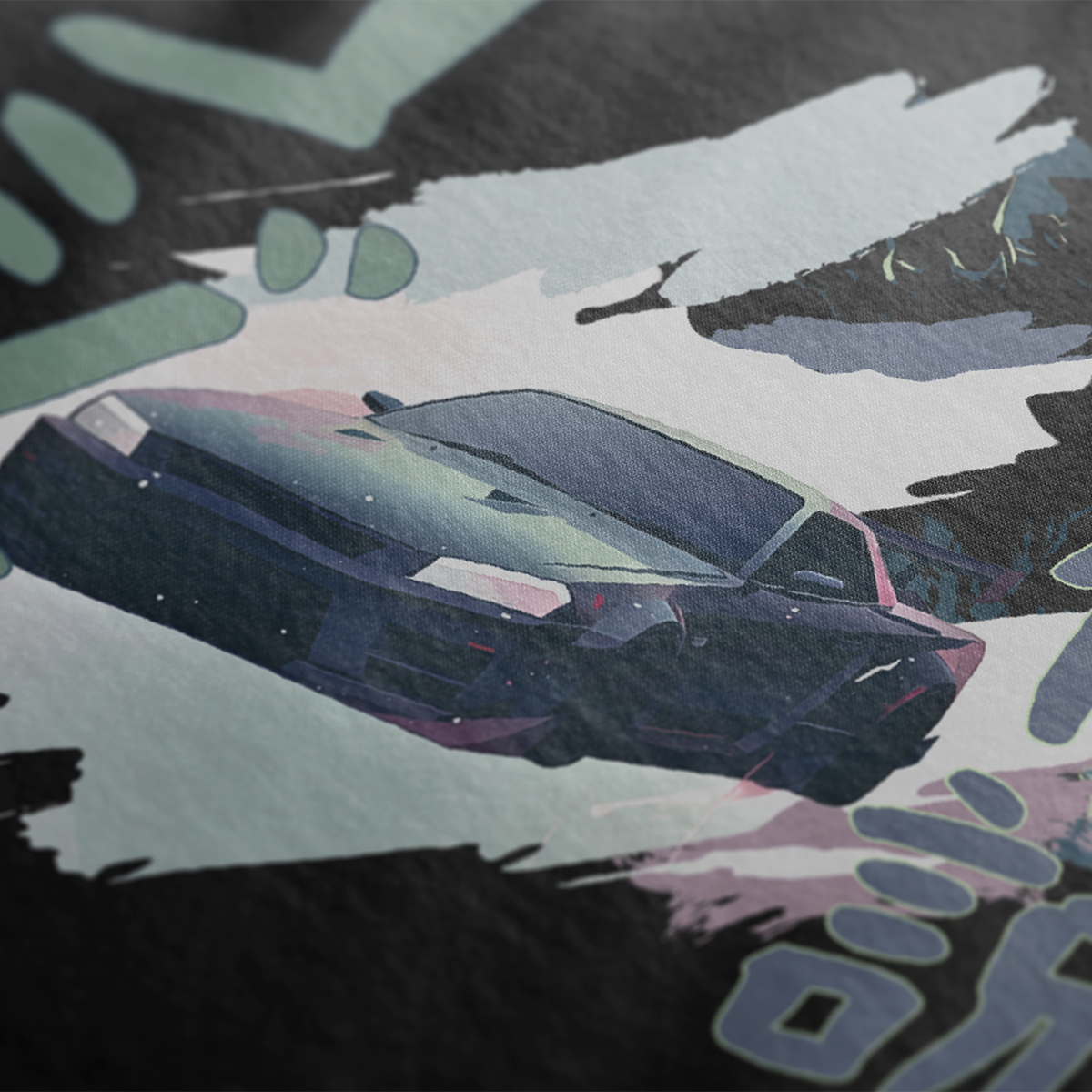 Close up of White R34 Godzilla Legend Automotive Graphic T-Shirt Design featuring a Nissan Skyline GT-R with a Godzilla figure and Japanese text, unisex car enthusiast gift