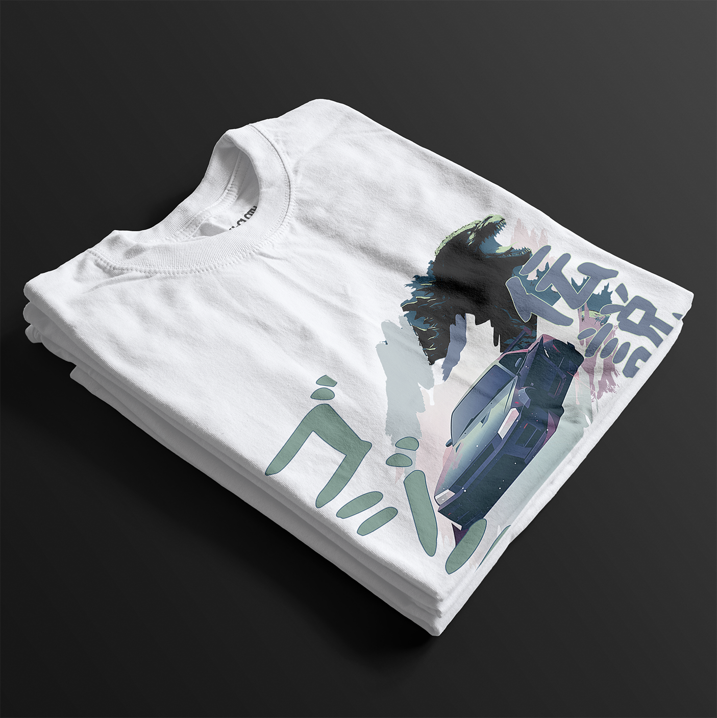 Folded White R34 Godzilla Legend Automotive Graphic T-Shirt featuring a Nissan Skyline GT-R with a Godzilla figure and Japanese text, unisex car enthusiast gift