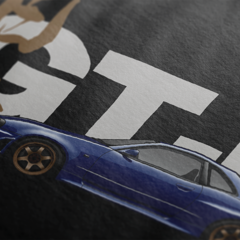 Close up of R34 GT-R Automotive Graphic T-Shirt Design featuring a blue Nissan Skyline with gold accents and Japanese calligraphy design, unisex car enthusiast gift