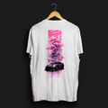 Back of R35 Rear Cherry Blossom Automotive Graphic T-Shirt – White unisex tee featuring a sleek R35 car with cherry blossom background in shades of pink and purple. Ideal gift for car and JDM enthusiasts.