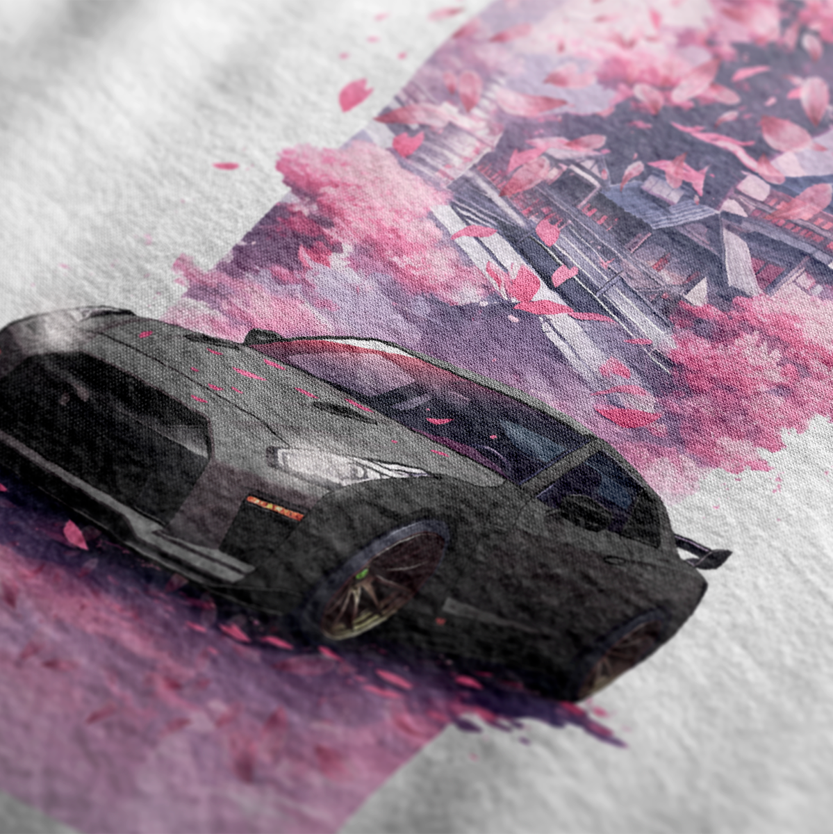 Close up of R35 Rear Cherry Blossom Automotive Graphic T-Shirt Design – White unisex tee featuring a sleek R35 car with cherry blossom background in shades of pink and purple. Ideal gift for car and JDM enthusiasts.
