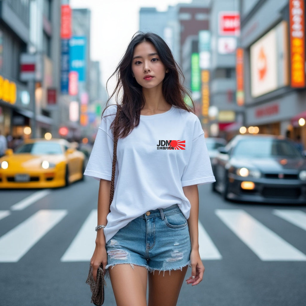 Woman wearing White JDM Rising Sun Automotive Graphic T-Shirt with JDM text and a red rising sun graphic, unisex car culture gift