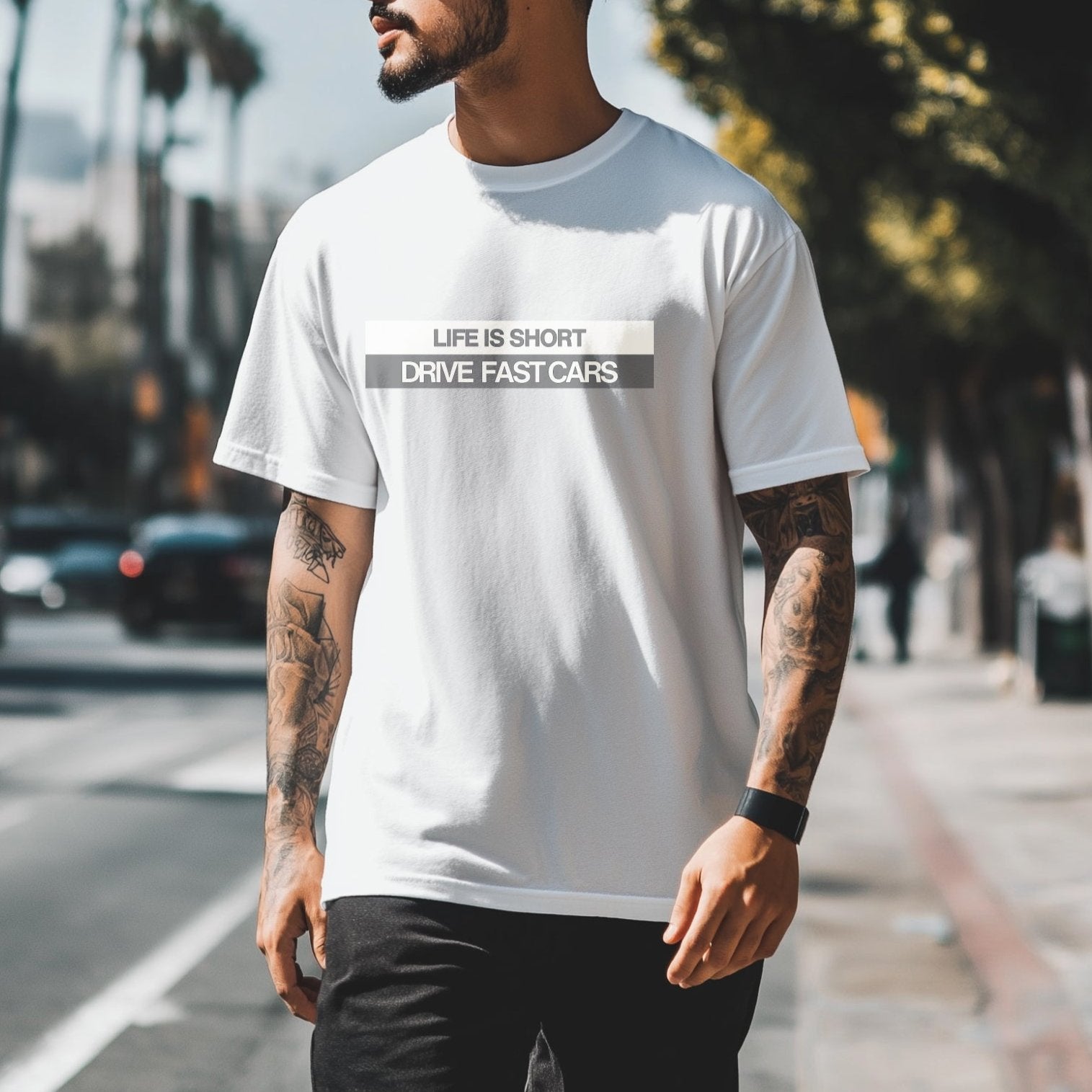 Man wearing Life is Short, Drive Fast Cars Automotive Graphic T-Shirt – White unisex tee featuring a minimalist text design. A perfect gift for car lovers and speed enthusiasts.