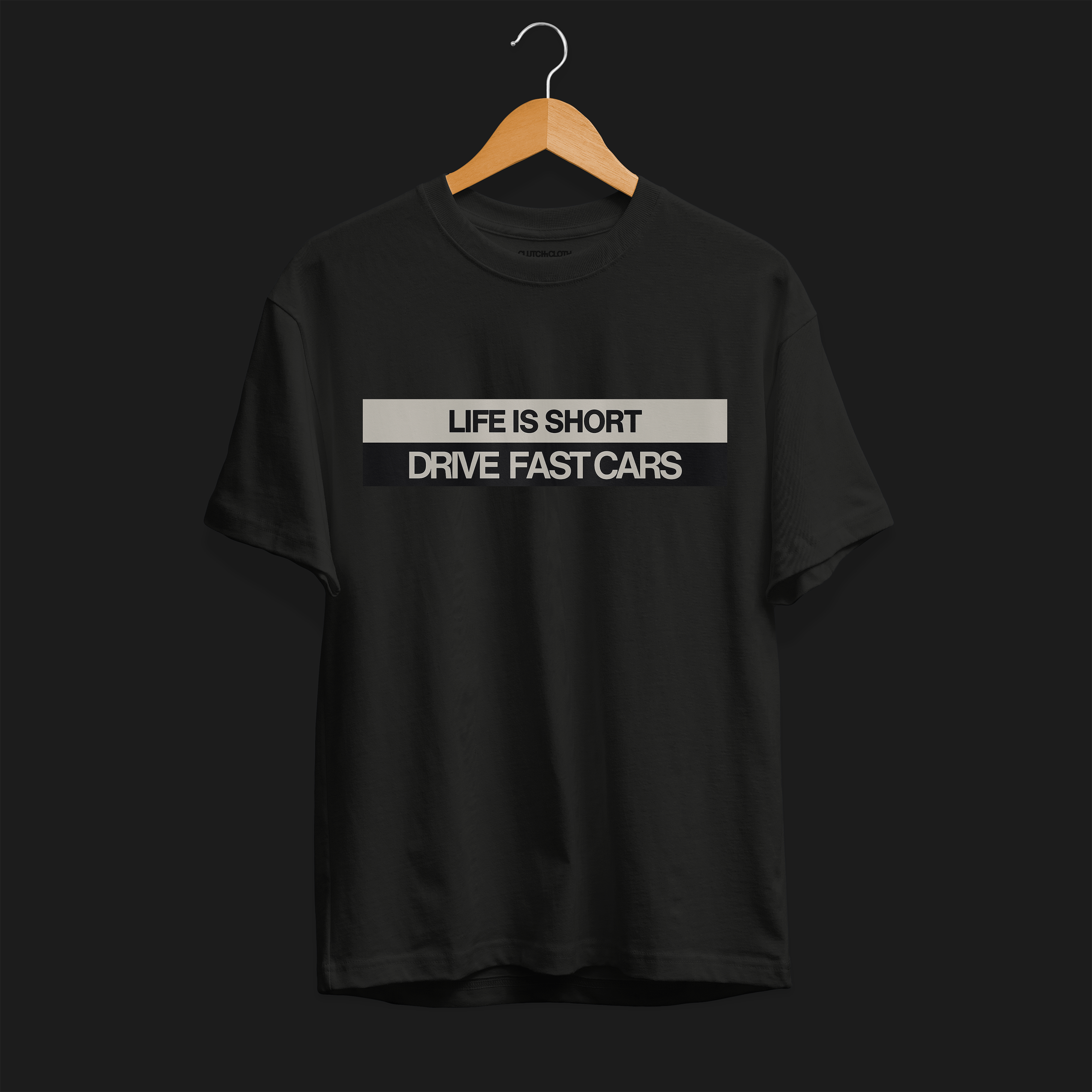 Front of Life is Short, Drive Fast Cars Automotive Graphic T-Shirt – Black unisex tee featuring a minimalist text design. A perfect gift for car lovers and speed enthusiasts.