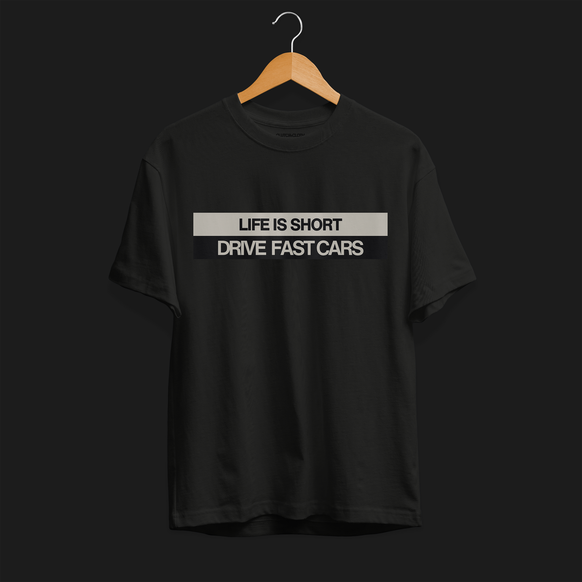 Front of Life is Short, Drive Fast Cars Automotive Graphic T-Shirt – Black unisex tee featuring a minimalist text design. A perfect gift for car lovers and speed enthusiasts.