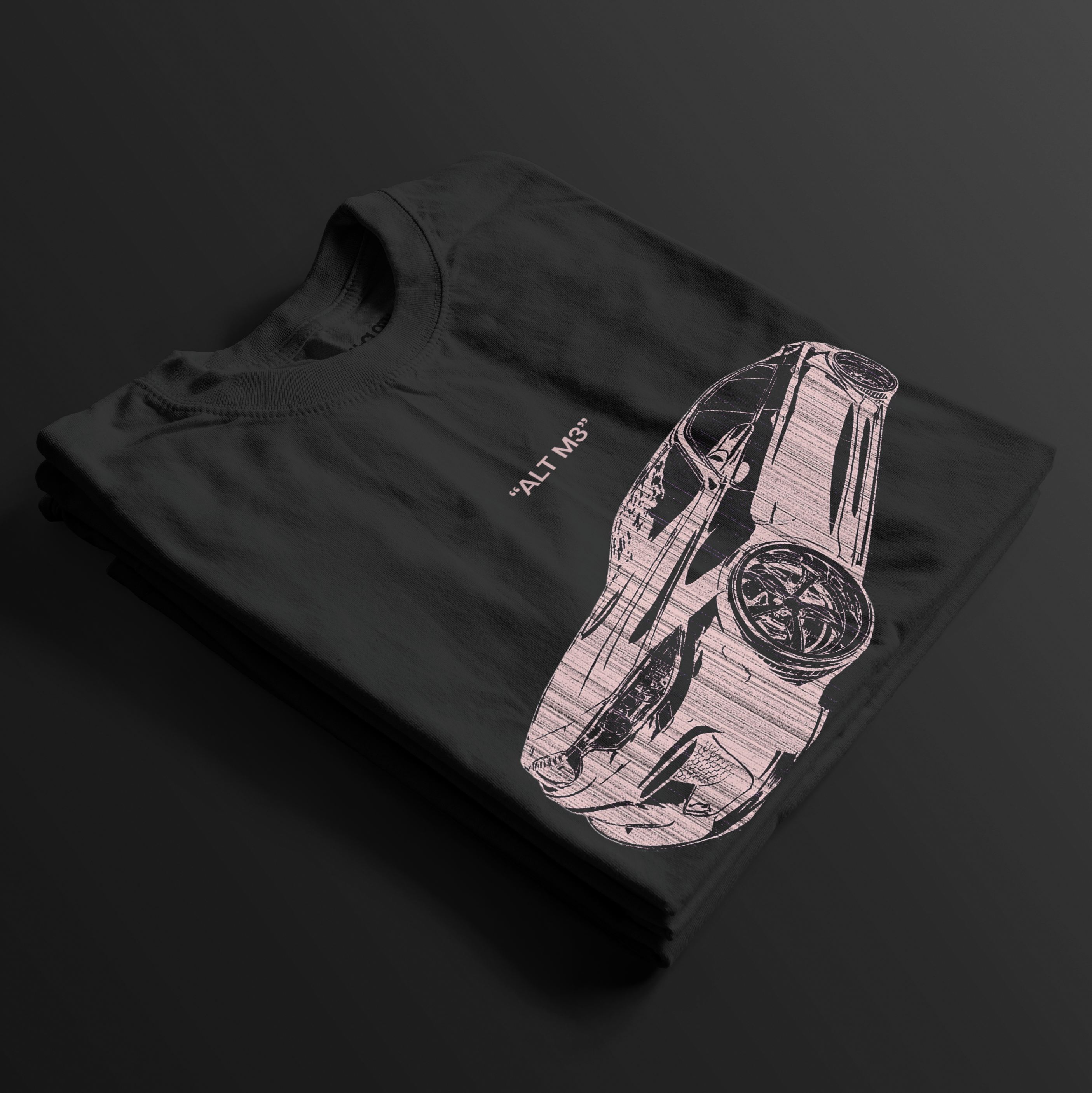 Black t-shirt with white graphic design on a wooden hanger against a black background