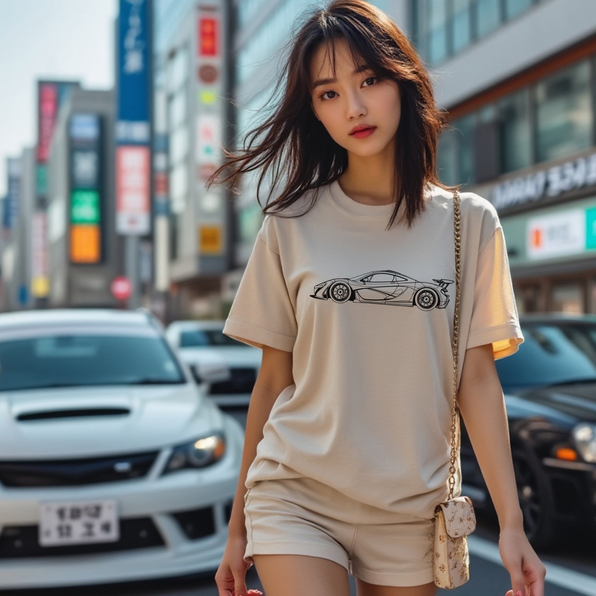 woman wearing P1 GTR Automotive Graphic T-Shirt – Beige unisex tee featuring a minimalist line art illustration of the P1 GTR supercar. A perfect gift for car enthusiasts and motorsport fans.