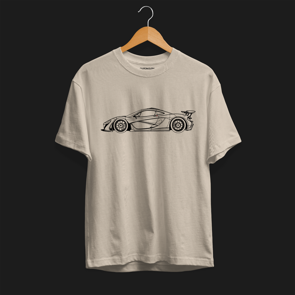 Front angle of P1 GTR Automotive Graphic T-Shirt –  beige unisex tee featuring a minimalist line art illustration of the P1 GTR supercar. A perfect gift for car enthusiasts and motorsport fans.