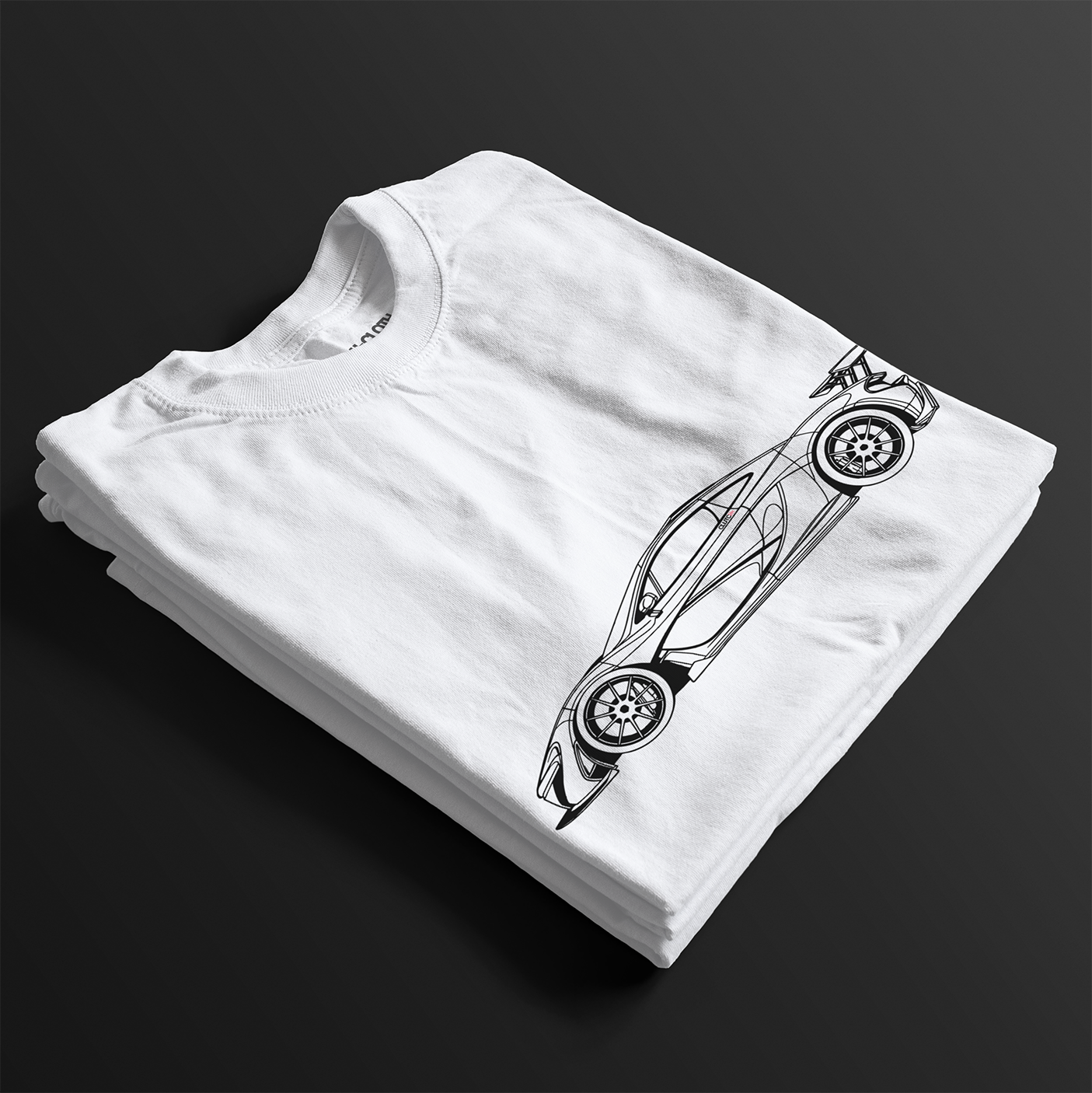 Folded P1 GTR Automotive Graphic T-Shirt – White unisex tee featuring a minimalist line art illustration of the P1 GTR supercar. A perfect gift for car enthusiasts and motorsport fans.