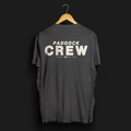 Paddock Crew Automotive T-Shirt – Back view of dark grey Paddock Crew graphic tee featuring bold "Paddock Crew" text and "Gear Up, Rev High" tagline. Perfect gift for motorsport and car culture enthusiasts.