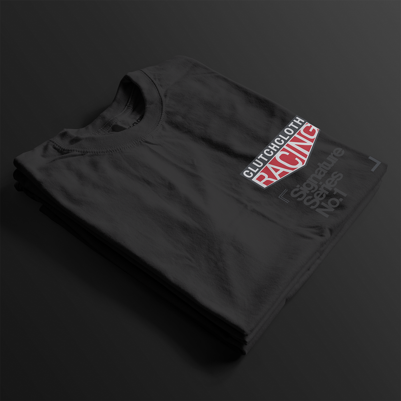 ClutchCloth Racing Signature Series No.1 Automotive Graphic T-Shirt – Black tee featuring a side-profile racing car design with red and black geometric accents. Ideal gift for motorsport enthusiasts and car culture fans.