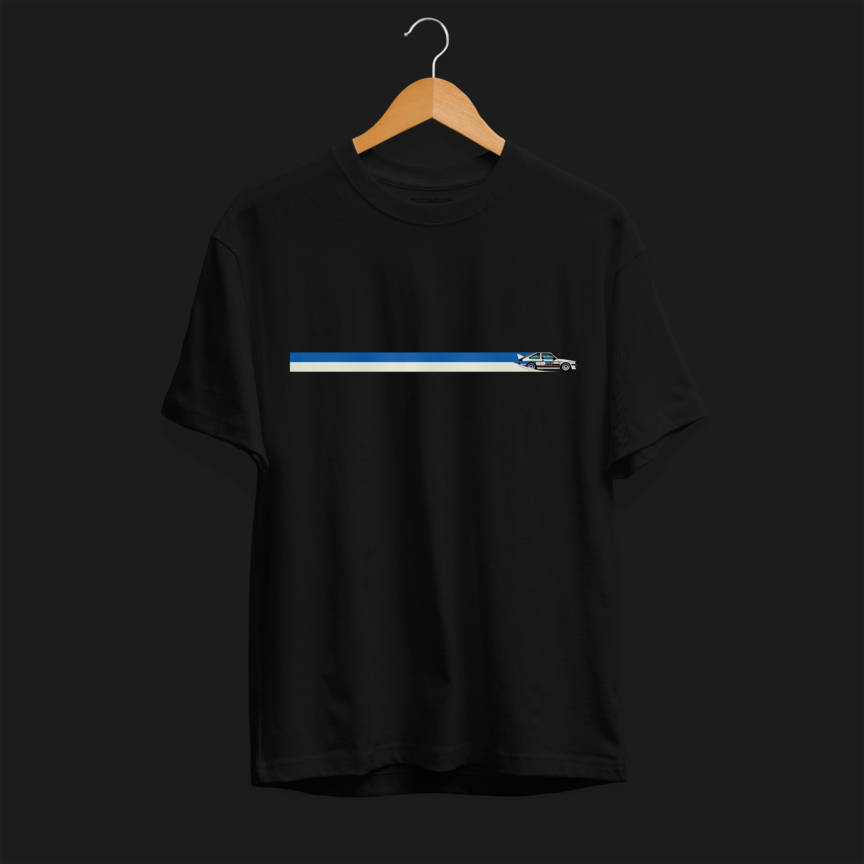 Front of CW Rally 83 Automotive Graphic T-Shirt – Black unisex tee with a minimalist rally car graphic and blue and grey racing stripes. Perfect gift for rally enthusiasts and motorsport lovers.