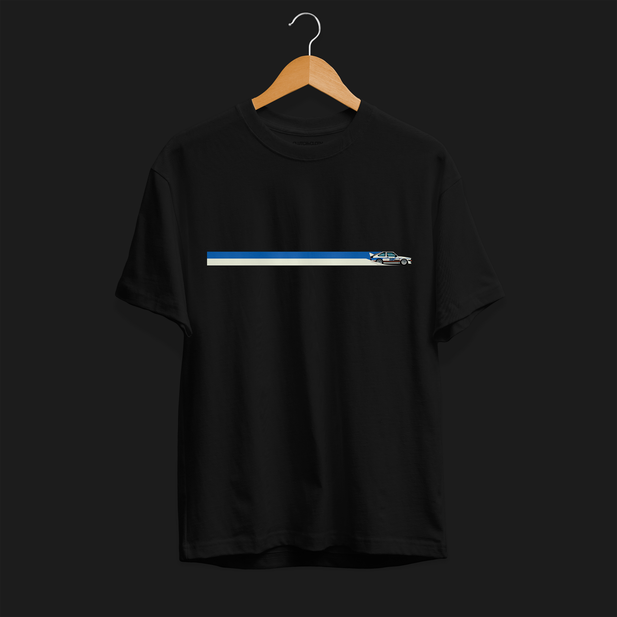 Front of CW Rally 83 Automotive Graphic T-Shirt – Black unisex tee with a minimalist rally car graphic and blue and grey racing stripes. Perfect gift for rally enthusiasts and motorsport lovers.
