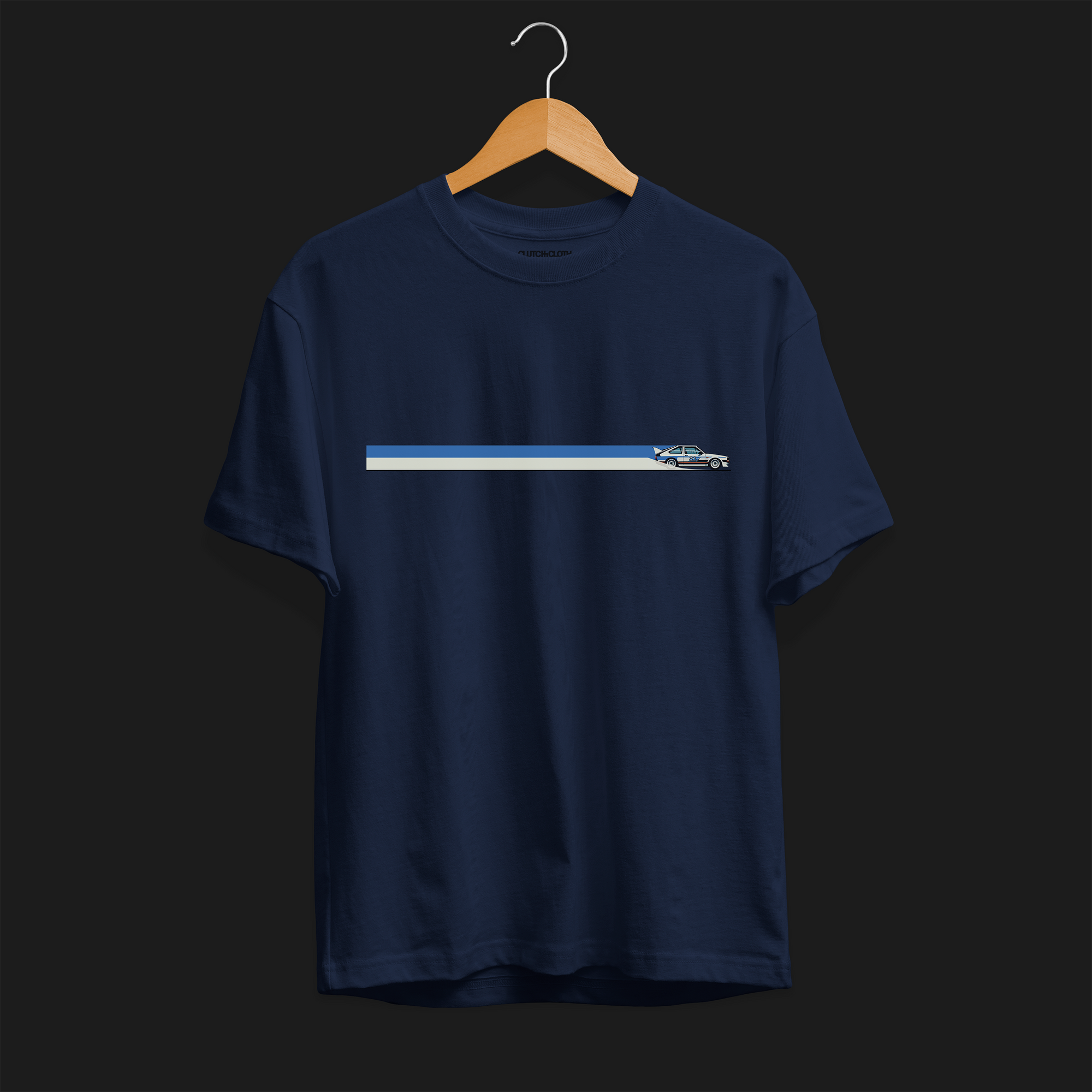 Front of CW Rally 83 Automotive Graphic T-Shirt – Navy unisex tee with a minimalist rally car graphic and blue and grey racing stripes. Perfect gift for rally enthusiasts and motorsport lovers.