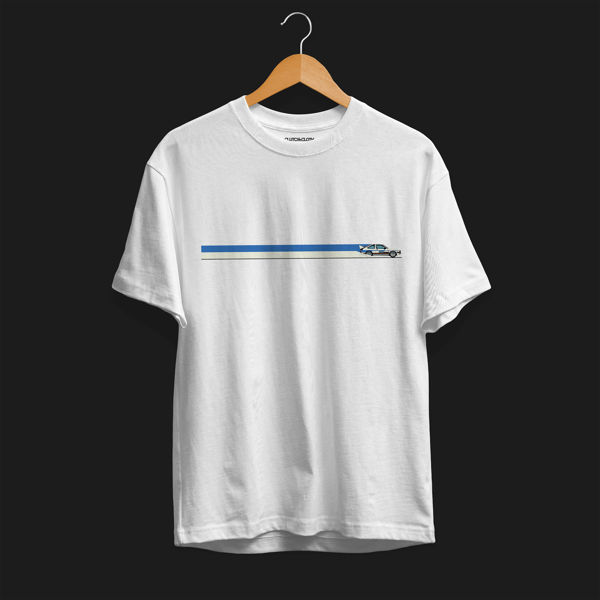 Front of CW Rally 83 Automotive Graphic T-Shirt – White unisex tee with a minimalist rally car graphic and blue and grey racing stripes. Perfect gift for rally enthusiasts and motorsport lovers.