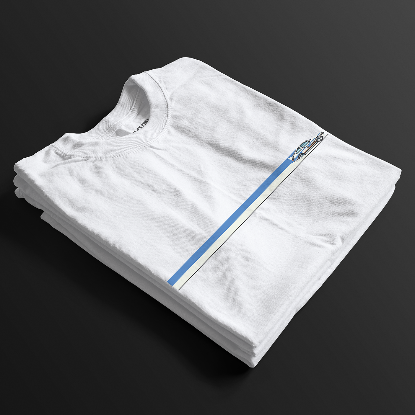Folded CW Rally 83 Automotive Graphic T-Shirt – White unisex tee with a minimalist rally car graphic and blue and grey racing stripes. Perfect gift for rally enthusiasts and motorsport lovers.