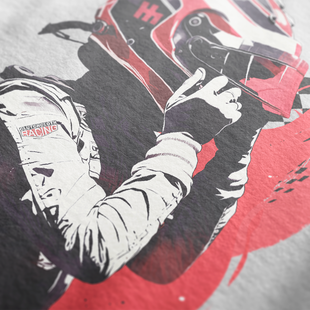 Close up of Race Ready Automotive Graphic T-Shirt Design – White unisex tee featuring a racing driver adjusting a red and white helmet with checkered flag details. Perfect for motorsport enthusiasts and race fans.