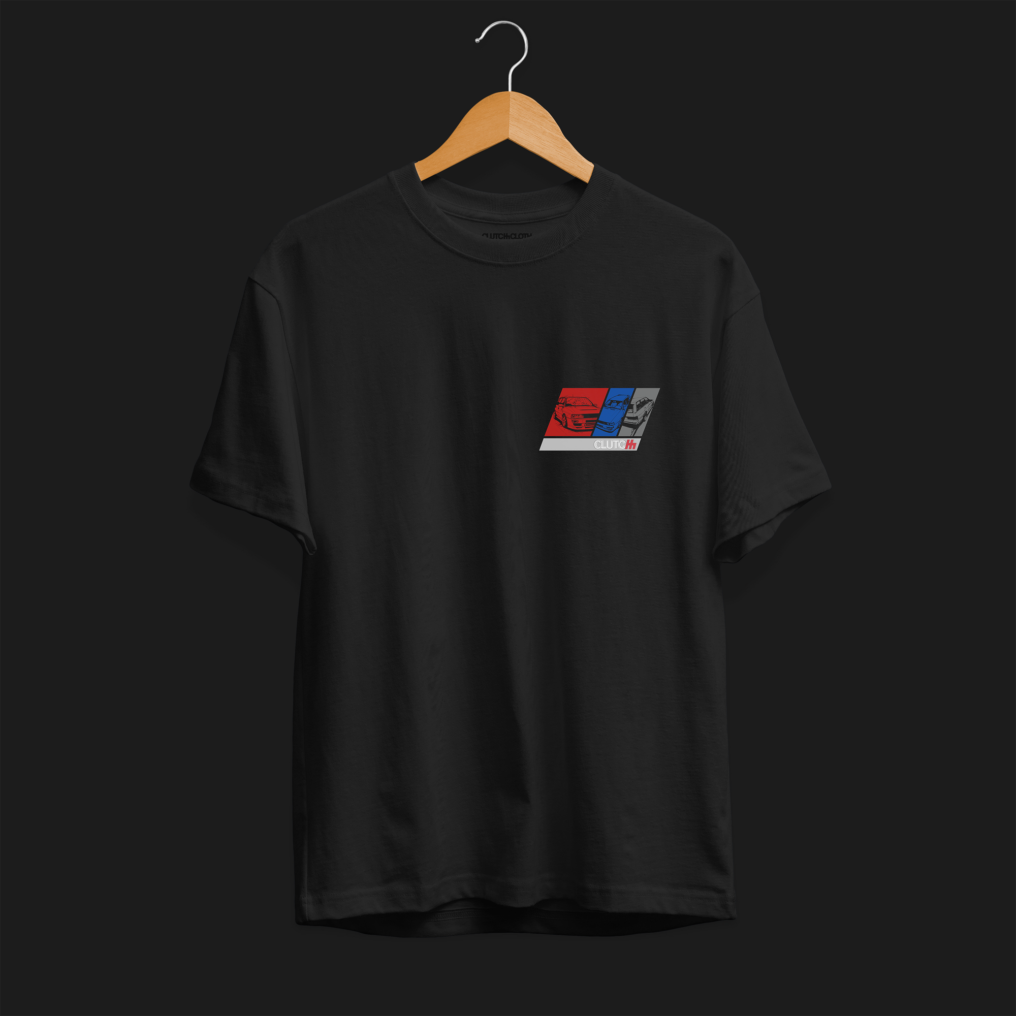 Front of RS2 Heritage Automotive Graphic T-Shirt – Black unisex tee featuring a stylish RS2 car design with red, white, and blue color blocks. Ideal gift for classic car enthusiasts and Audi fans.