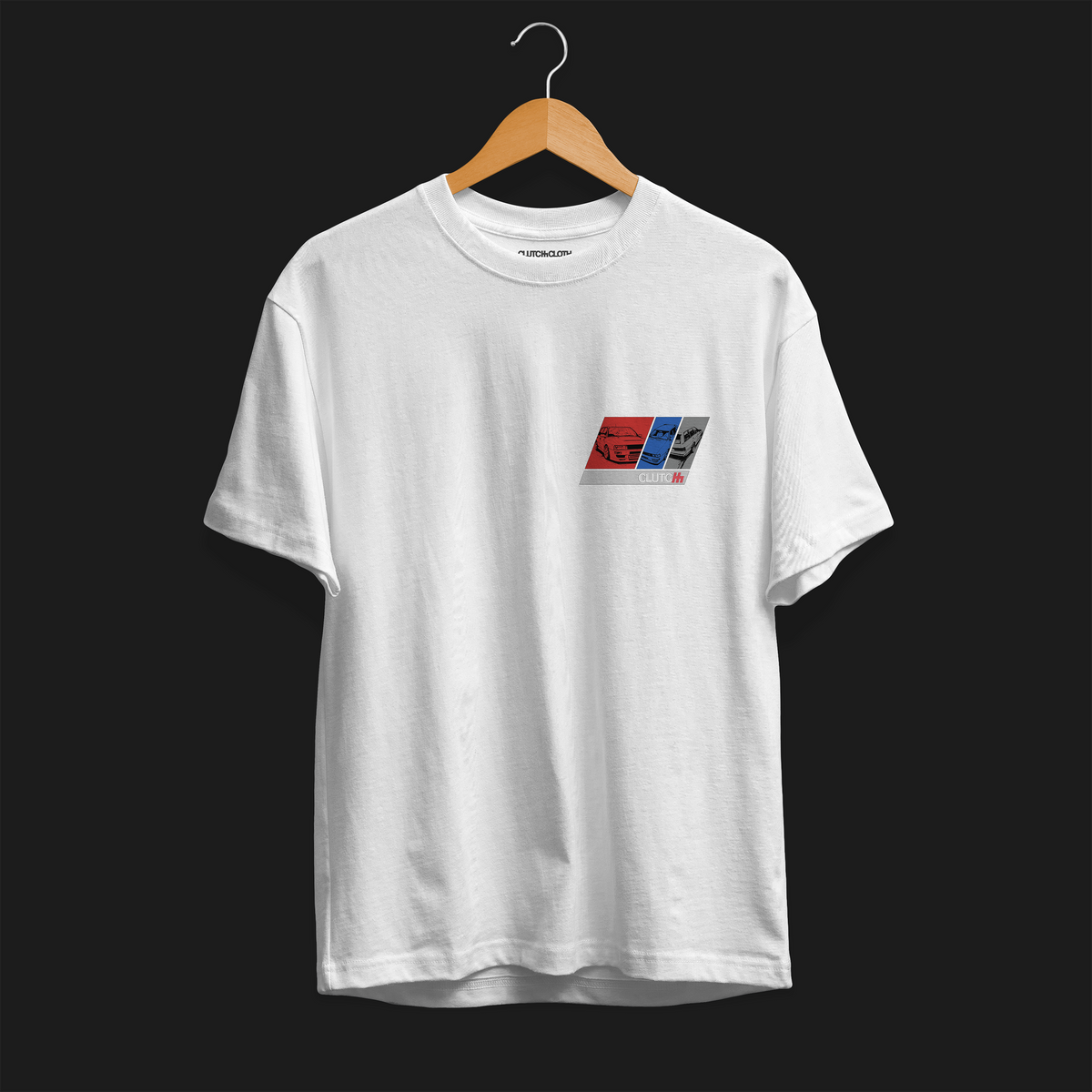 Front of RS2 Heritage Automotive Graphic T-Shirt – White unisex tee featuring a stylish RS2 car design with red, white, and blue color blocks. Ideal gift for classic car enthusiasts and Audi fans.