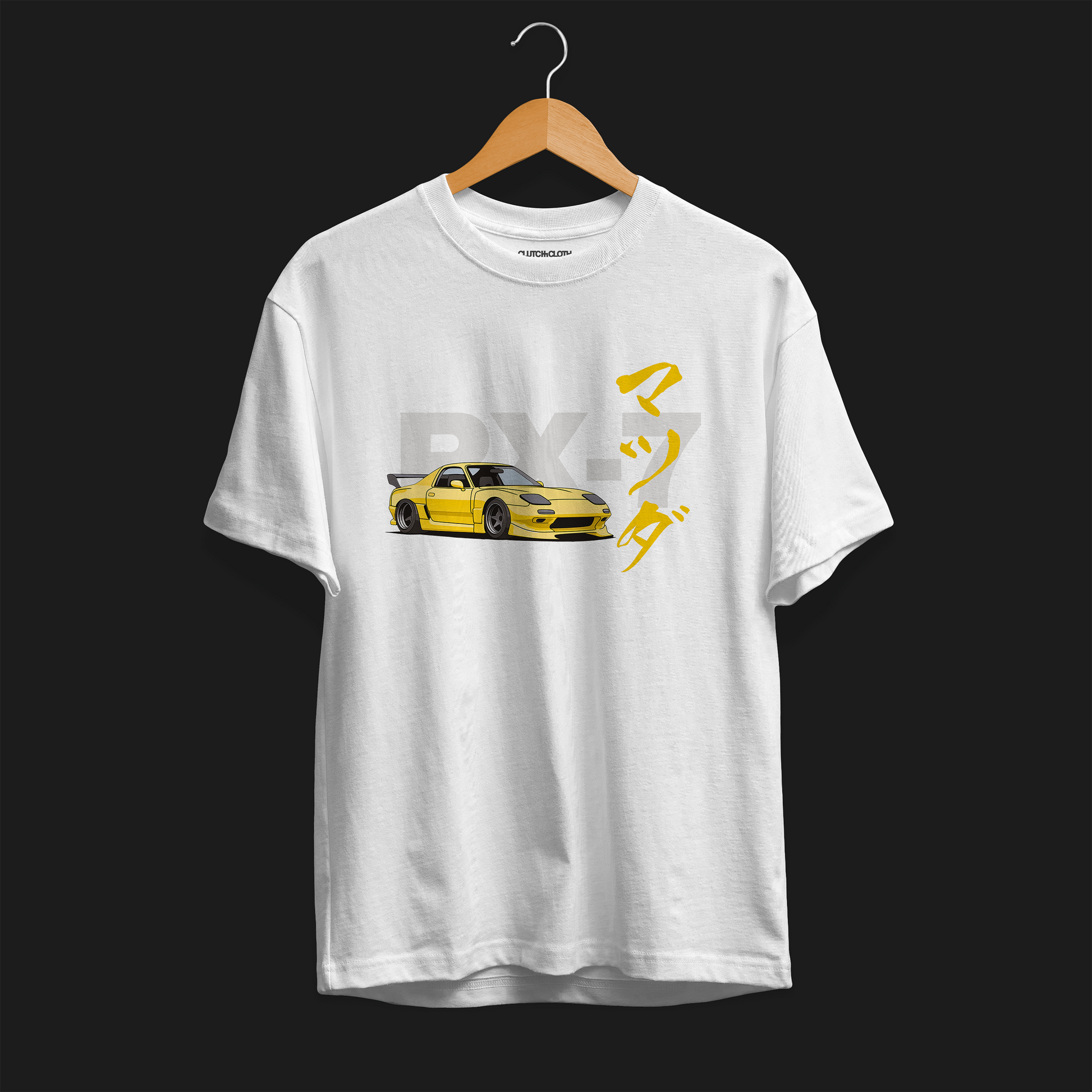 Front of white RX-7 Rotary Legend Automotive Graphic T-Shirt featuring a yellow Mazda RX-7 with Japanese text and RX-7 lettering, unisex car enthusiast gift