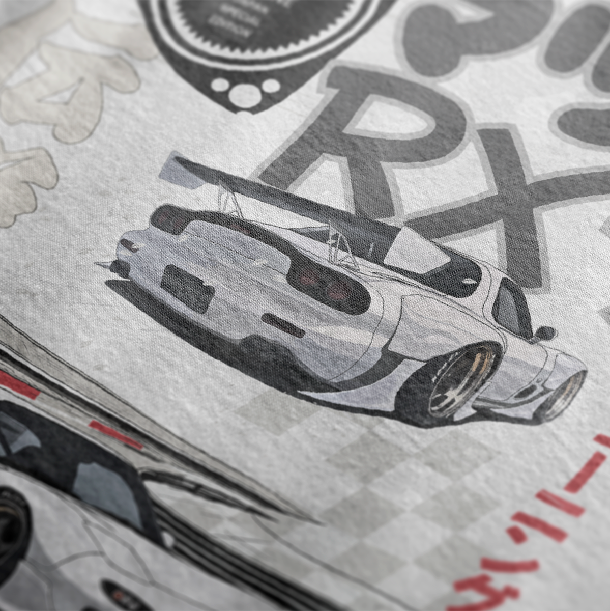 Close up design for Legendary Suzuka RX7 Automotive Graphic T-Shirt – White tee featuring detailed RX7 graphics with Japanese lettering and racing elements. Perfect gift for JDM and car culture enthusiasts.