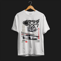 Front Angle of Legendary Suzuka RX7 Automotive Graphic T-Shirt – White tee featuring detailed RX7 graphics with Japanese lettering and racing elements. Perfect gift for JDM and car culture enthusiasts.
