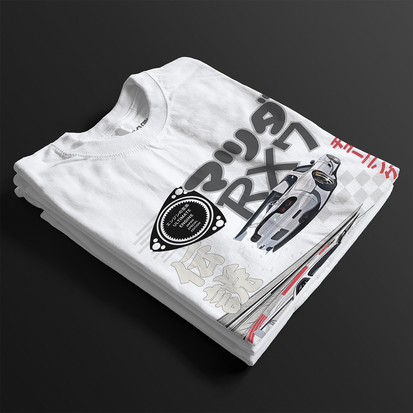 Folded Legendary Suzuka RX7 Automotive Graphic T-Shirt – White tee featuring detailed RX7 graphics with Japanese lettering and racing elements. Perfect gift for JDM and car culture enthusiasts.